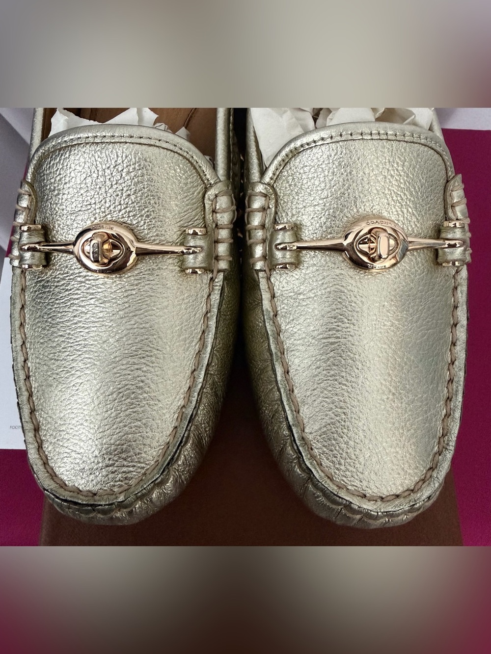 Coach Metallic Platinum Pebbled Leather Driving Moccasins with Bit Hardware 8.5M - Picture 6 of 13